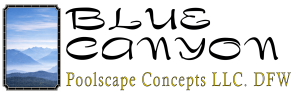Logo for Blue Canyon Poolscape Concepts LLC DFW featuring mountain scenery and stylized text on a white background.